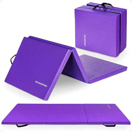 BalanceFrom 6x2 Feet 3-Panel Folding Gymnastics Mat – 2-Inch Thick Pad with Vinyl Surface and Carrying Handles for Tumbling, Yoga, Pilates, Home Workouts, and Martial Arts - color: Purple