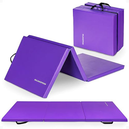 BalanceFrom 6x2 Feet 3-Panel Folding Gymnastics Mat – 2-Inch Thick Pad with Vinyl Surface and Carrying Handles for Tumbling, Yoga, Pilates, Home Workouts, and Martial Arts - color: Purple