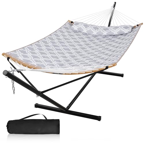 Large Hammock with 12FT Stand, Two Person Hammock Gray Ripples | Heavy Duty Hammock with Curved Spreader Bars, Pillow, Safety Ropes and Portable Carring Bag, Two Person Hammock, Max 450 Lbs - color: Gray Ripples