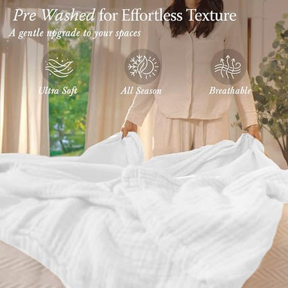 Threadmill Cotton Twin Blanket, Muslin, White, 4-Layer Design, All-Season | 100% Cotton, Muslin Weave, Breathable, All-Season, Lightweight, OEKO-TEX Certified, Machine Washable - color: White, size: Twin