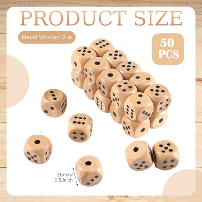 50 Pcs Wooden Dice Set 16mm Standard Wooden Dice Bulk 6 Sided with Rounded Corners Wood Game Dice with Carry Bag for Table Games Party Favors
