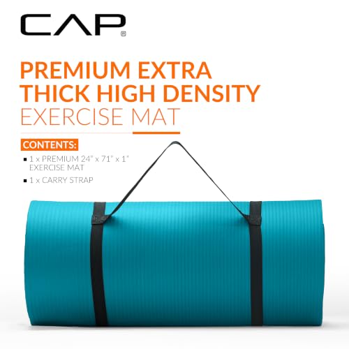 CAP Barbell 1-Inch High Density Exercise Yoga Mat with Strap | Multiple Colors - color: Teal