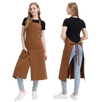 Molaxhome Split Pottery Apron with 3 Pockets Unisex with Adjustable Strap | Cotton Blend,Kitchen Apron,for Ceramics,Gardening,Kitchen Cooking - color: Brown