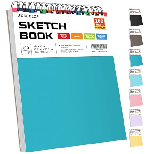 Soucolor Sketchbook 9x12, 100 Sheets Drawing Pad,Art Sketch Book for School | 68lb acid-free paper,No bleed-through,Lay-flat top spiral,Micro-perforated,for kids,Students & Back to School.All dry media - color: Aqua Sky, size: 9" x 12" (Pack of 1)
