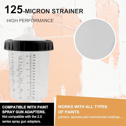 RRJ Disposable Paint Cup Automotive Spray Gun Paint System, for LVLP/HVLP Spray Gun Kit 27 Ounce(800ML) Mixing Cups with 50 Liners and Lids, 1 Hard Cup with Retainer Ring, 2 Adapter, Stirrer - color: 27 Ounce (800ml) Kit-50PCS