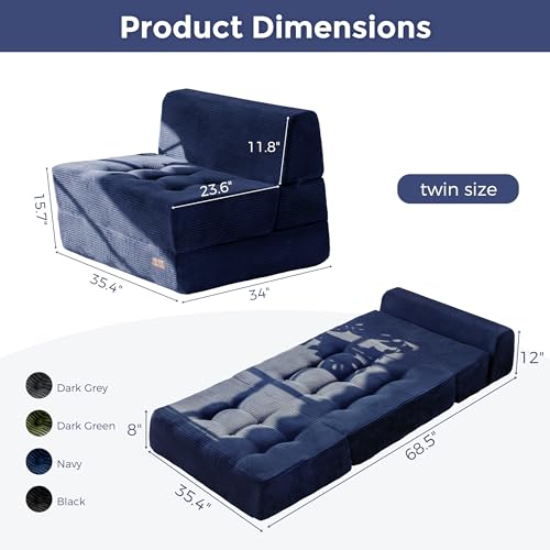 MAXYOYO Folding Sofa Bed, 8-Inch Fold-Out Chair Bed, Single | 2-in-1 Convertible Floor Sofa Couch, High-Density Foam Tufted Lounge Couch for Living Room Bedroom Dorm, Navy - color: Navy, size: Single