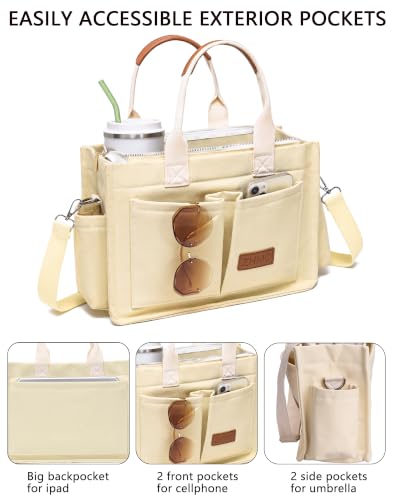 ZHMO Canvas Tote Bag for Women,Women's Bags Crossbody Bags Work Laptop Tote Bag Large Handbags Purse for Travel Nurse Teacher - color: New Upgrade Beige With Compartments and Side Cup Holders