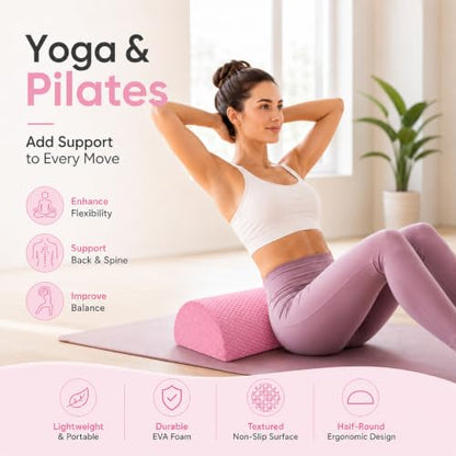 Cabilock Half Foam Roller for Back Pain Relief, Sakura Pink High Density EVA Lumbar Support, 30cm Semicircle Pilates Roller for Physical Therapy, Yoga & Balance Training