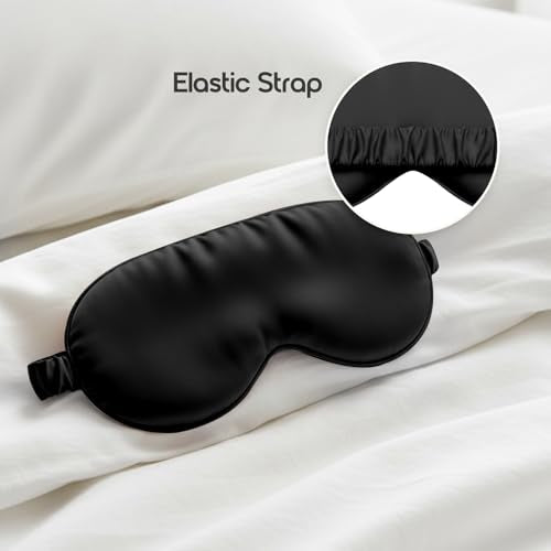 Silk Eye Mask for Sleeping 100% Mulberry Silk Women Men Blindfold,3D Luxury Travel Smooth Elastic Strap Eye Masks Breathable Cooling Soft Night Sleep Work Eyeshade Cover,Black - color: Black