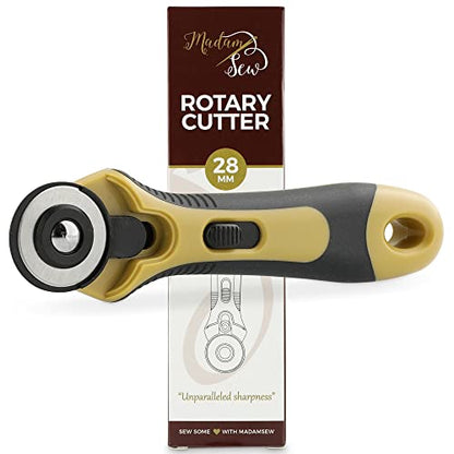 Madam Sew 28mm Rotary Cutter for Fabric | Precision Cloth Cutting Tool with Tungsten Steel Blade and Safety Guard | Fabric Cutter Rotary Tool For Sewing, Arts & Crafts with Comfortable Handle - size: 28mm cutter