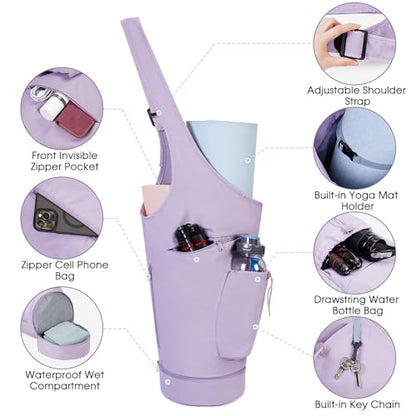 sportsnew Yoga Mat Bag, Large Opening Long Tote Yoga Mat Carrier Holder Bag with Waterproof Wet Pocket and Drawstring Water Bottle Pocket, Adjustable Shoulder Strap Storage Bag, patent pending - color: Purple