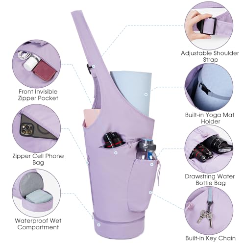 sportsnew Yoga Mat Bag, Large Opening Long Tote Yoga Mat Carrier Holder Bag with Waterproof Wet Pocket and Drawstring Water Bottle Pocket, Adjustable Shoulder Strap Storage Bag, patent pending - color: Purple
