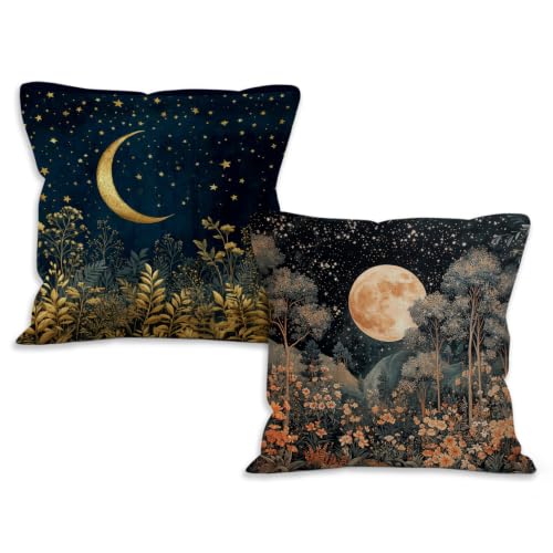 Vintage Floral Moon Throw Pillow Covers 18x18 Home Decor Set of 2 | Dark Cottagecore Celestial Wildflower Botanical Decorative Pillow Covers for Home Bedroom Living Room Decor - color: Moon