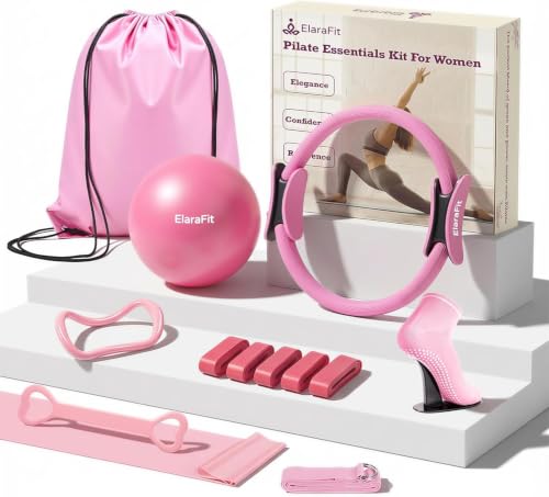 Home Pilates Ring and Ball Set for Women with 5 Resistance Bands 13 inch Magic Circle Workout Starter Kit for Beginners Full Body Toning 15 Min Daily Routine - color: All Pink