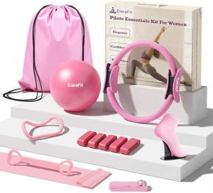 Home Pilates Ring and Ball Set for Women with 5 Resistance Bands 13 inch Magic Circle Workout Starter Kit for Beginners Full Body Toning 15 Min Daily Routine - color: All Pink