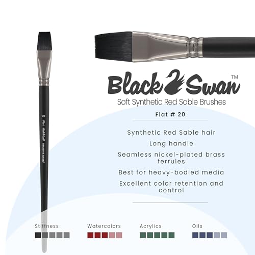 Black Swan Synthetic Red Sable Flat Paint Brushes - Flat Size # 22 - Professional Quality Long Handle Paint Brushes for Oil, Heavy Body Media and Acrylic - Artists of All Levels - size: Size 20