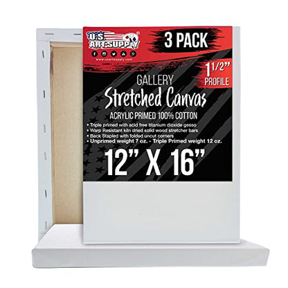 U.S. Art Supply 12 x 16 inch Gallery Depth 1-1/2" Profile Stretched Canvas, 3-Pack - 12-Ounce Acrylic Gesso Triple Primed, Professional Artist Quality, 100% Cotton - Acrylic Pouring, Oil Painting - size: 12" x 16"