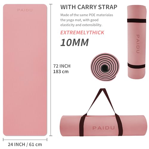 PAIDU POE Yoga Mat （10mm）Extra Thick Fitness Mat 72"x24" with Carry Strap | Non-slip, tear-resistant and suitable for all ages, perfect for yoga, Pilates, home gym and full-body workouts. - color: Pink + black