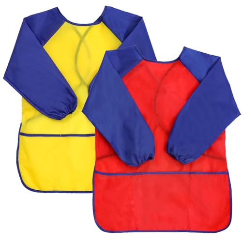 2 Pack Kids Art Smock Waterproof with Long Sleeve and 3 Roomy Pockets Artist Children Aprons for Toddlers Age 3-8 Painting Crafts（Yellow+Red） - color: 2 Pack Yellow+red