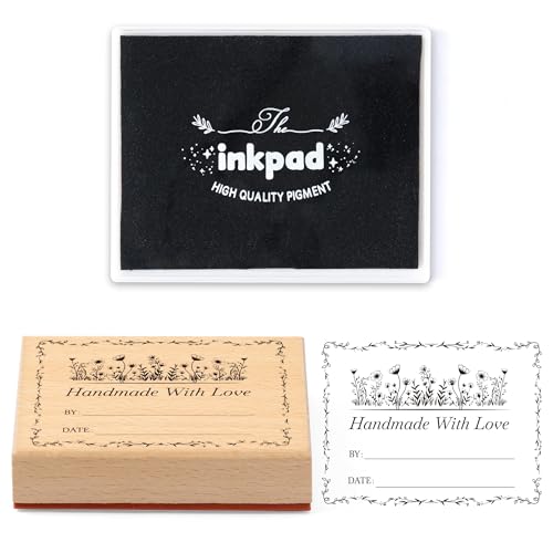 EYxsaxenk Wildflower Handmade with Love Wood Fabric Stamp & Black Ink Pad | 3x4 inch custom name stamp, Washable personal fabric label gift sign for clothes, quilt, Christmas gift wrapping decoration - color: Wildflower