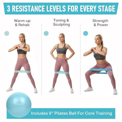 Poler Booty Resistance Bands Set for Women – 3 Fabric Bands (Light, Medium, Heavy) + Pilates Ball – Non-Slip Glute & Leg Workout Kit for Home Fitness, Yoga & Strength Training - color: Blue