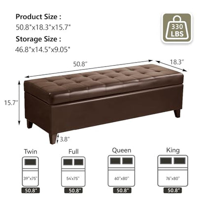 Joveco 51 Inch Storage Bench,Leather Tufted Storage Ottoman with Legs - color: 51", Brown