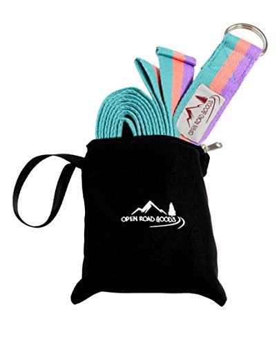 Open Road Goods 8ft Extra Long 100% Cotton Yoga Strap with Bag: Pastel Multicolor, Blue, or Black - Yoga Stretching Prop with Metal D Ring - Good Yoga Gift - color: Pastel Multicolor
