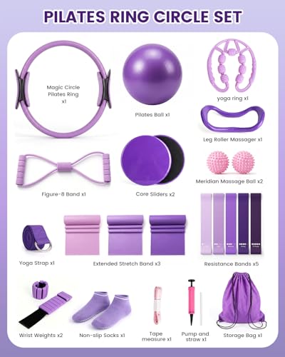 Pilates Kit, 24 in 1Home Pilates Workout Kit for Women, Pilates Equipment with 13" Pilates Ring and Ball, Starter Home Workouts - color: Purple