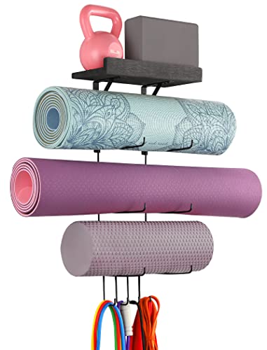 VINAEMO Yoga Mat Holder Accessories Wall Mount Organizer Storage Decor Foam Roller and Towel Storage Rack with 4 Hooks and Wooden Shelves Yoga Mats Rack Resistance Bands for Home Gym School Office - color: Black (matel)