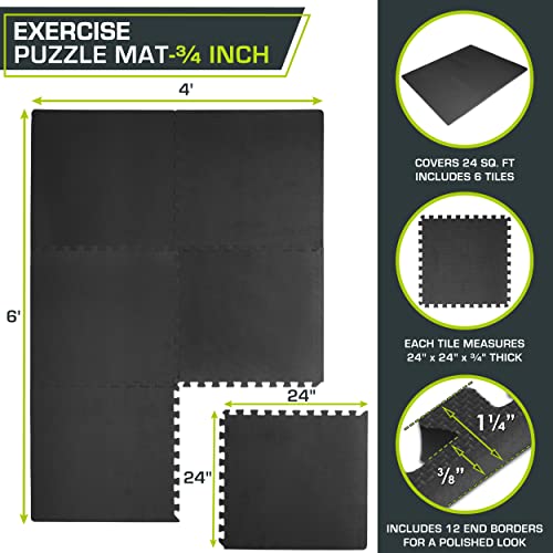 ProsourceFit Weaved Pattern Extra Thick Exercise Puzzle Mat ¾-inch, EVA Foam Interlocking Tiles for Protective, Cushioned Flooring for Home and Gym Equipment; Black, 24 SQ FT, 6 Tiles - color: Black, size: 6 Pack (24 SQ FT)
