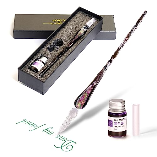 Glass Dip Pen Set,Calligraphy Pen,Crystal Signature Pen for Art, Writing, Signatures -Decoration and Business Gift - color: Starry sky purple