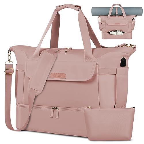 Gym Bag for Women, Sports Travel Duffel Bag with USB Charging Port, Weekender Overnight Bag with Wet Pocket and Shoes Compartment, Carry On Tote Bag Gym Yoga Duffel Bag for Men Women - color: Pink