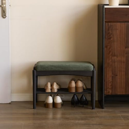 Black Wood Shoe Bench, 24 Inch Entryway Bench with Green Cushion - color: Black + Green Cushion, size: 23.62"