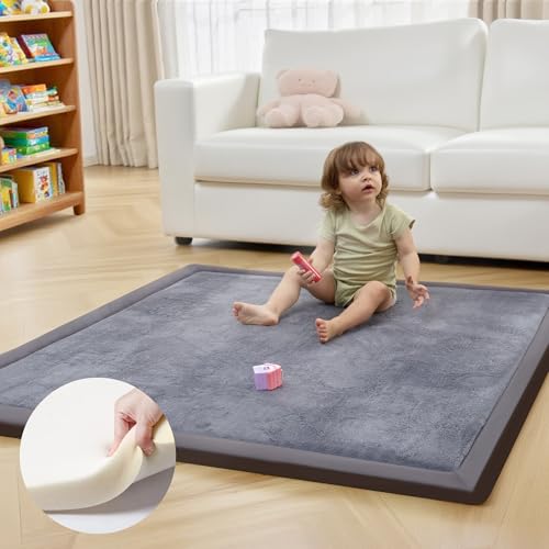 ACOMOPACK 1.3" Thick Baby Play Mat for Floor,50x50 Elasti-Foam Playpen Mat for Kids,Infants,Toddlers, Ultra Soft Crawling Mat with Non-Slip Bottom,Tummy Time,Nursery Rug,Yoga,Tatami（Dark Grey） - color: Dark Grey, size: 50"×50"