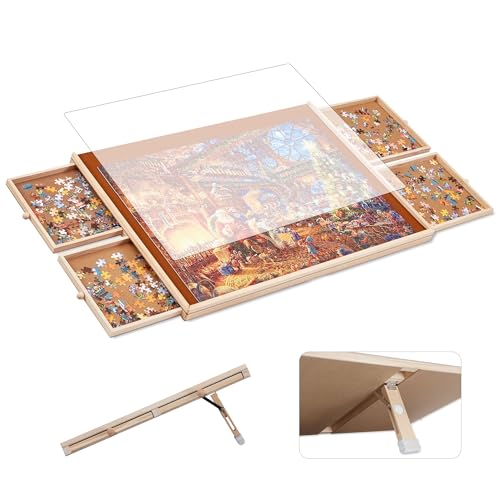 Tilting Puzzle Board with Drawers and Cover, 1000 Piece, 30" x 22", Portable Wooden Jigsaw Puzzle Table for Adults and Kids, 4 Drawers - size: 1000 Tilting Puzzle Board