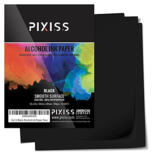 Black Alcohol Ink Paper - 25 Sheets Pixiss Heavy Weight Art Paper for Alcohol Ink & Watercolor - Extra Smooth Synthetic Paper A4 12x12 inches, 300gsm - size: 12x12 (25 Pack)