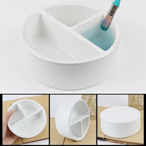 Ceramic Brush Wash Bowl,Mixing Tray,3 Slot Palette,Porcelain Watercolor Painting Dish for Painting, White