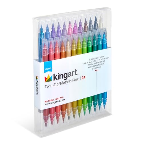 KINGART 24 Metallic Dual Tip Brush + Fine Markers - Easy for All Ages & Levels Pens for Card Making, Journaling, Scrapbooking, Fabric, Rock, Glass, DIY, Black Paper, Art Supplies, Halloween, Christmas
