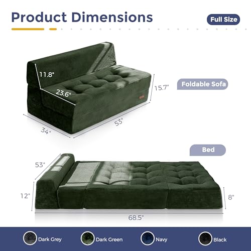 MAXYOYO Folding Sofa Bed, 8-Inch Fold-Out Chair Bed, Single | 2-in-1 Convertible Floor Sofa Couch, High-Density Foam Tufted Lounge Couch for Living Room Bedroom Dorm, Dark Green - color: Dark Green, size: Loveseat