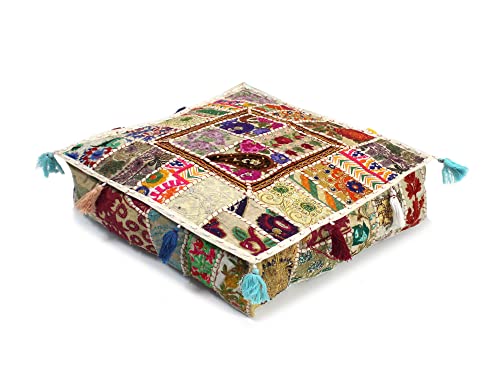 Mam Treasures Indian Bohemian Decorative Pillow Vintage Cushion Cover Patchwork Square Floor Pillow Cover Meditation Cushion Large Floor Pillow Indian Cushion (White, 16 X 16 X 5 Inch) - color: White, size: 16" x 16" (Pack of 1)