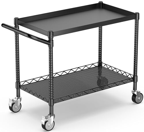 Utility Tool Cart with Wheel, 45In Large Rolling Utility Carts with Handle | 2 Tier Heavy Duty Commercial Grade Metal Serving Storage Carts for Warehouse Garage Kitchen, 25" D x 45" W x 40" H-Black - color: 2-black, size: 2 Tier