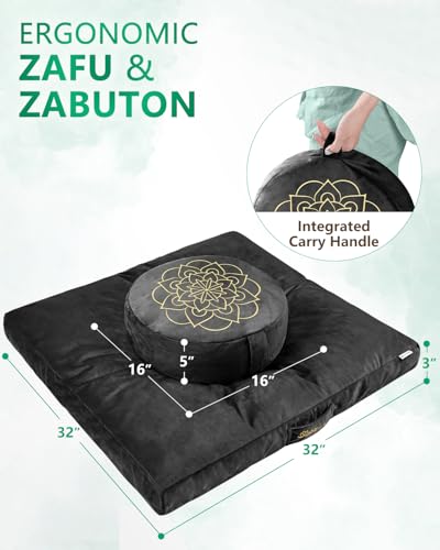 Hihealer Meditation Cushion, Traditional Tibetan Velvet Meditation Pillow | Buckwheat Yoga Bolster, Large Floor Cushion & Pillow for Adults, Zafu Zabuton Set, Zen Meditation Mat - color: Black