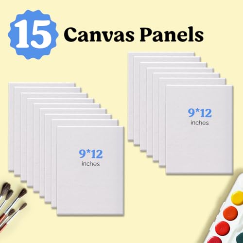 Chalkola 15 Pack 9x12 Canvas for Painting - Paint Canvases Panels | Primed 100% Cotton Boards for Acrylic Painting, Oil Art, Acid-Free for Professional Artists, Hobby Painters, Kids & Beginners - size: 15 - 9"x12", style: White