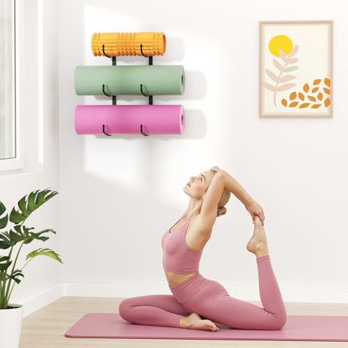 Yoga Mat Holder Wall Mount, 3-Tier Yoga Mat Storage Rack for Gym, Black - color: Black