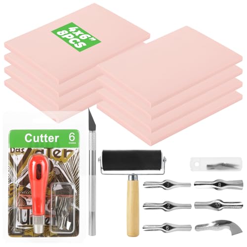 8Pcs Linoleum Blocks for Printmaking, 4 x 6 Rubber Carving Block, Stamp Carving Kit, Rubber Stamp Kit with Cutter Tools for Stamp Carving, DIY Printmaking Pink