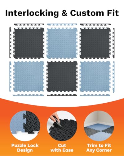 AIRHOP Upgraded 0.79" Extra Thick 48 Sq Ft High-Density Eva Foam Exercise Gym Mats, 12 Pcs Large Interlocking Puzzle Floor Tiles (24"x24") for Home Gym - color: Black/Blue