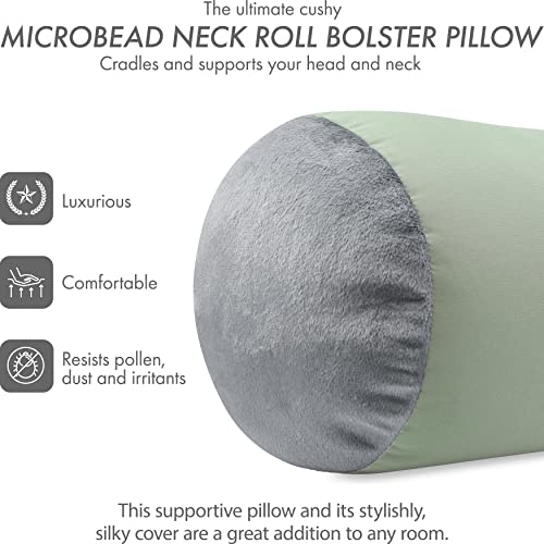 Microbead Bolster Neck Roll Pillow, 14x8 in Cylinder Tube, Mint Grey | Silky smooth face helps prevent sleep creases and hair breakage, light squishy support for head and shoulders, travel ready - color: Mint Grey