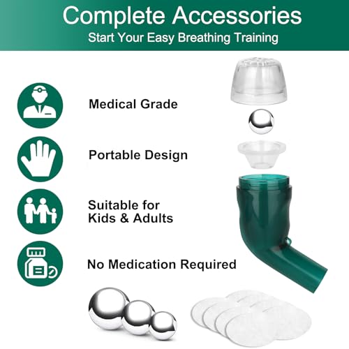 Giyosk Breathing Exercise Device for Lungs, Lung Expansion and Mucus Relief Device, Portable Expiratory Breathing Exerciser with A Set of Accessories, Breathing Trainer for Lung Cleanse(Green) - color: Green-e