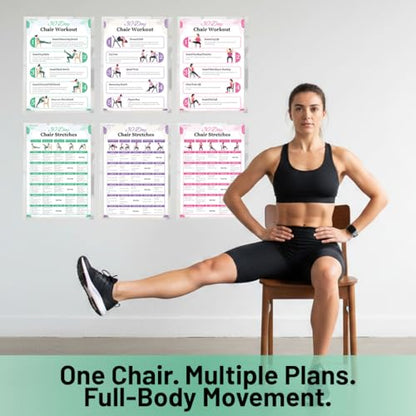 Chair Yoga Chart for Seniors & Beginners, Set of 6 Waterproof Laminated Posters, 3 Plans & 3 Routines of Gentle Seated Exercises for Stiffness, Joint Pain & Stress Relief, Easy 30-Day Challenge Guide
