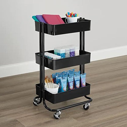 Simply Tidy Lexington Black 3-Tier Metal Rolling Cart - Multi-Functional Storage Cart for Home, Office, and Kitchen - 1 Pack